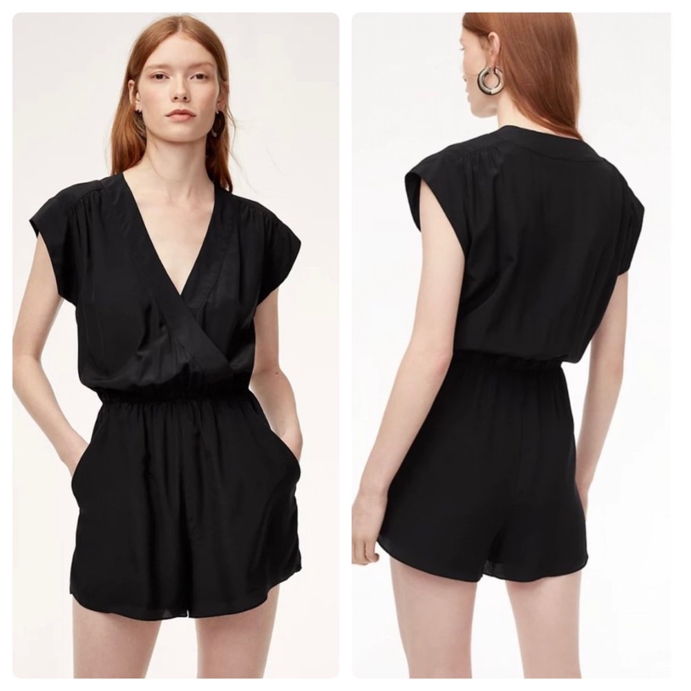 Aritzia Babaton Black Silk Romper Short Sleeve Black Size XS